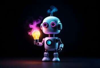 AI Robotic Man with a colorful glowing light bulb with smoke swirling around it against a dark background,  - obrazy, fototapety, plakaty