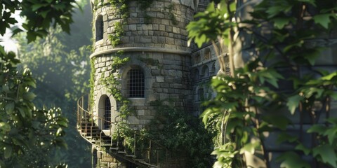Medieval Castle TowerSpiral Staircases and Stunning Architecture in Fine Art Style - obrazy, fototapety, plakaty