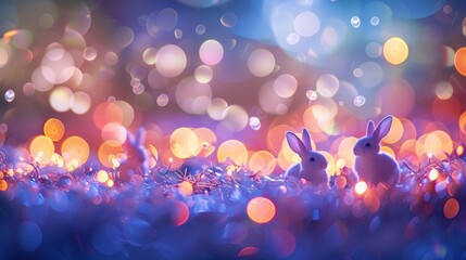 Blurred lights and colors form a peaceful backdrop for this neonatal scene with faint outlines of tiny footprints and bunnies adding a heartwarming touch to the overall composition. .