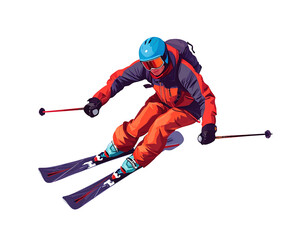A skier in vibrant gear carves down the slope with precision and speed, isolated on a transparent background. Generative AI