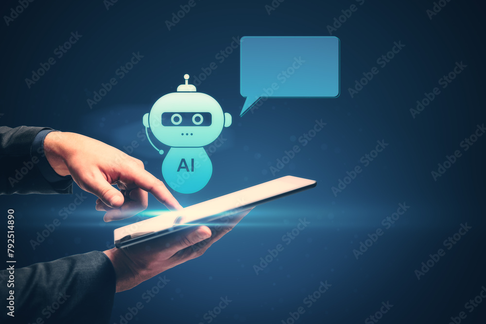 Aufkleber Close up of businessman hand using smartphone with creative AI robot hologram with speech bubble for your text on blue background. Chat GPT and customer support concept.