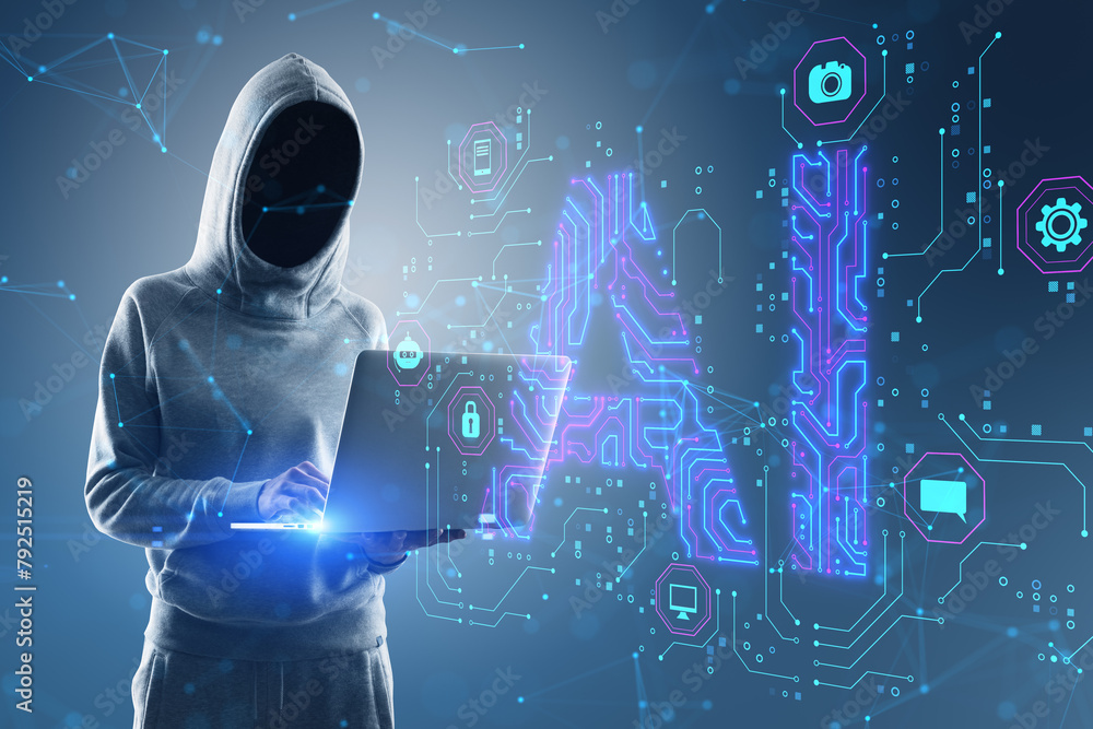 Poster hacker in hoodie using laptop with glowing blue ai hologram on blurry background. artificial intelli