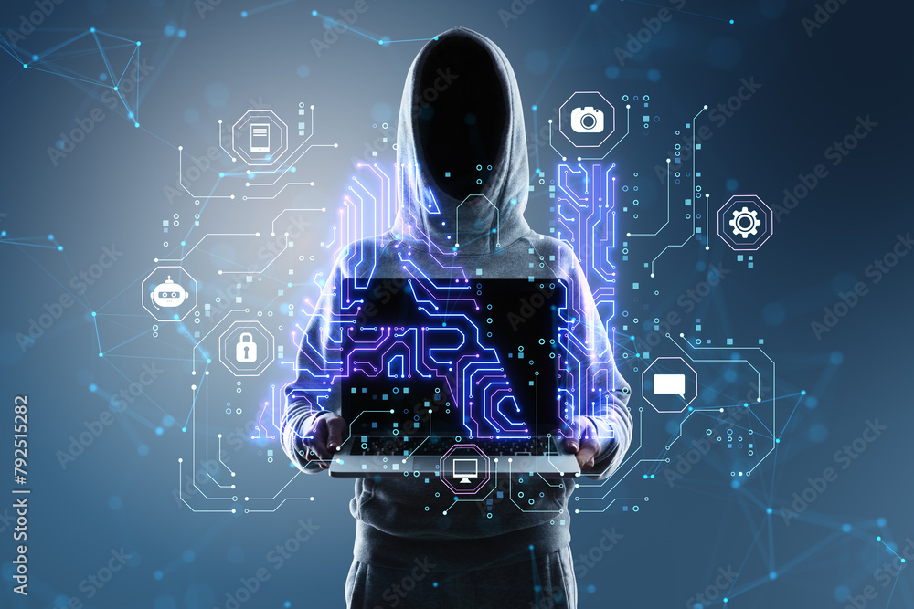 Poster hacker in hoodie holding and showing laptop with glowing blue ai hologram on blurry background. arti