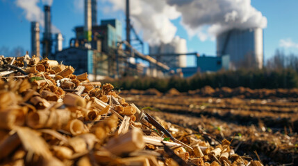 Wood chips in the foreground with an industrial biomass power plant in the back