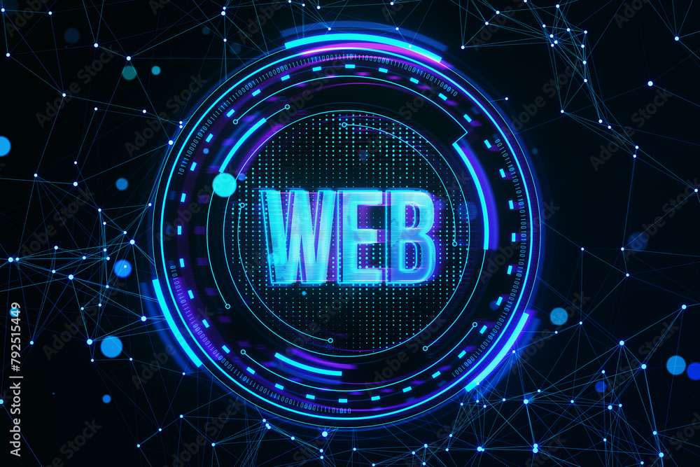 Aufkleber creative glowing web hologram on blurry backdrop. metaverse and future concept. 3d rendering.