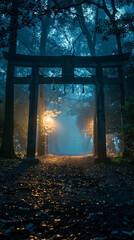Japanese torii Shinto shrine gate in the night forest, creepy ambience. vertical