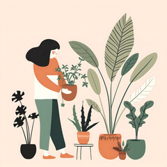 Nurturing Nature: Stylish Young Woman Tending Plants - obrazy, fototapety, plakaty