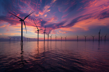 Offshore wind turbines amidst a stunning pink and purple sunset sky reflected on the sea
