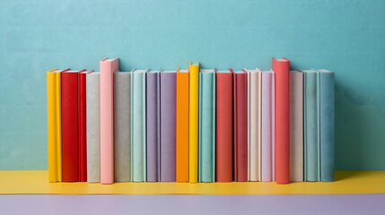 Naklejka premium A cheerful sequence of books in a variety of hues presents a delightful visual against a pastel blue and yellow background, enhancing the cheerful ambiance. 