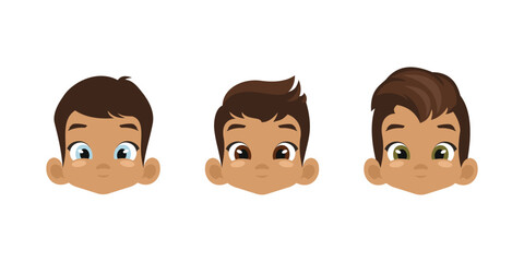Different fashionable haircuts for boys. A set of different men's hairstyles. An attractive cartoon head character. An illustration highlighted on a white background