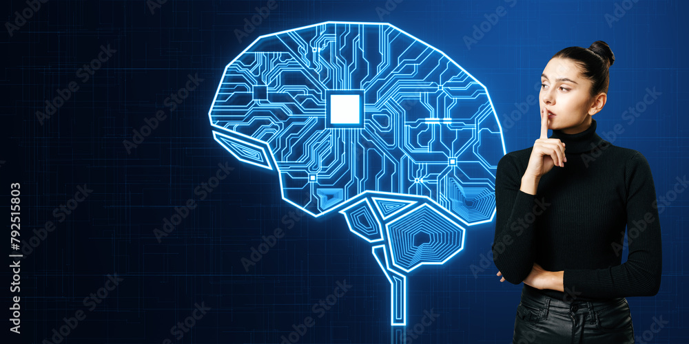 Poster Attractive thoughtful young woman with creative glowing AI brain hologram and circuit on dark background with mock up place. Artificial intelligence and innovation concept.
