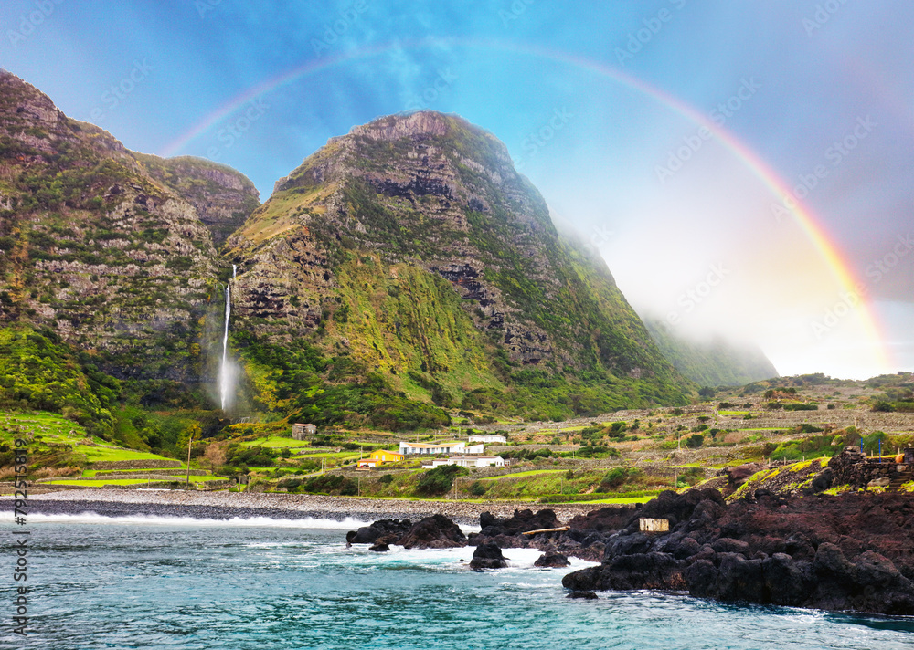 Canvas Prints Waterfall with rainbow in Faja Grande, Flores Island, Azores, Portugal, Europa