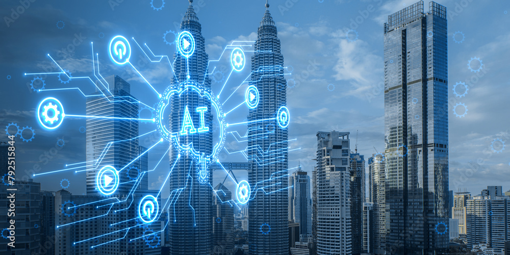 Poster creative glowing ai brain hologram and circuit on blurry toned background. artificial intelligence a