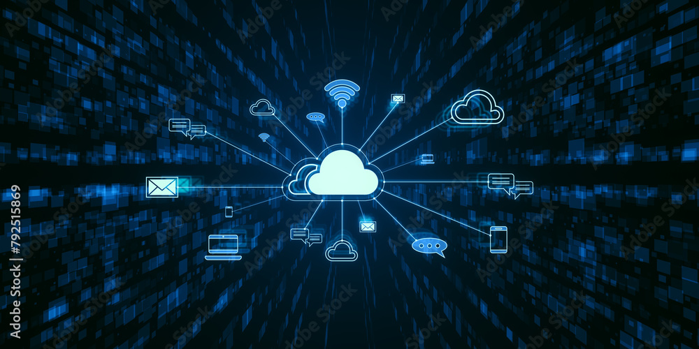 Aufkleber Creative cloud computing hologram with various icons on dark backdrop. Cyber data and media concept. 3D Rendering.