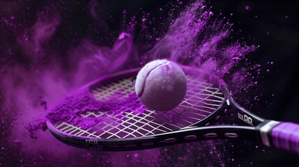 A white tennis ball hits a tennis racket. and purple powder scattered around