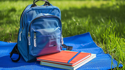 Blue backpack with notebooks on a picnic blanket in the park, study outdoors concept.