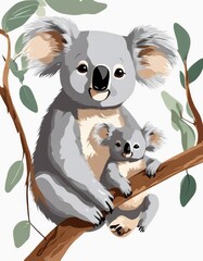 Children's watercolor card. Koala with baby watercolor on white background