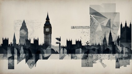 Contemporary minimalist collage featuring a double exposure of Big Ben and the London cityscape, crafted with monochromatic colors and geometric shapes Generative AI - obrazy, fototapety, plakaty