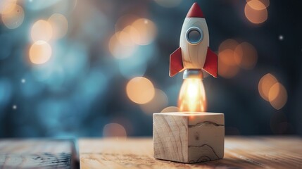 Rocket soars above wooden cube. Business icon. Startup. Creativity. Big idea. Business goal management. - obrazy, fototapety, plakaty