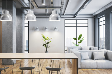 Modern kitchen interior with wooden flooring, table, chairs and panoramic windows with city view.. 3D Rendering.