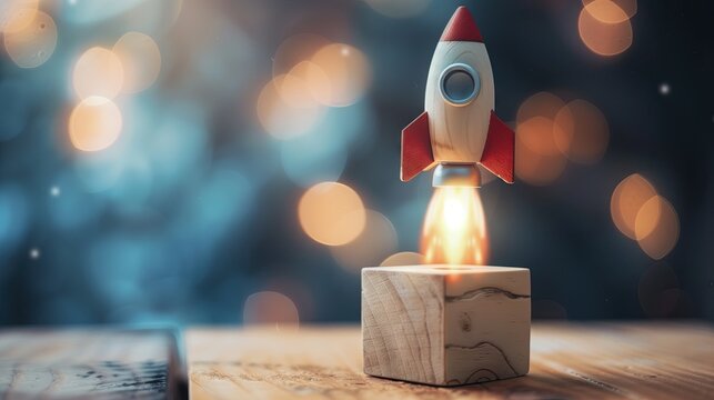 Rocket soars above wooden cube. Business icon. Startup. Creativity. Big idea. Business goal management.