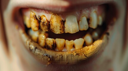 Yellow teeth, rotten from regular smoking. Poor oral health.
