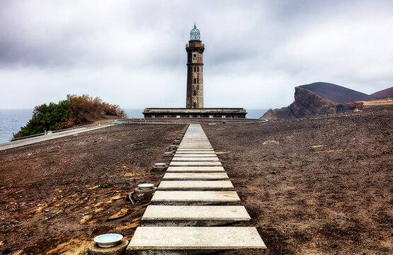 Azores, Island of Faial. The lighthouse Farol dos Capelinhos at Ponta dos Capelinos