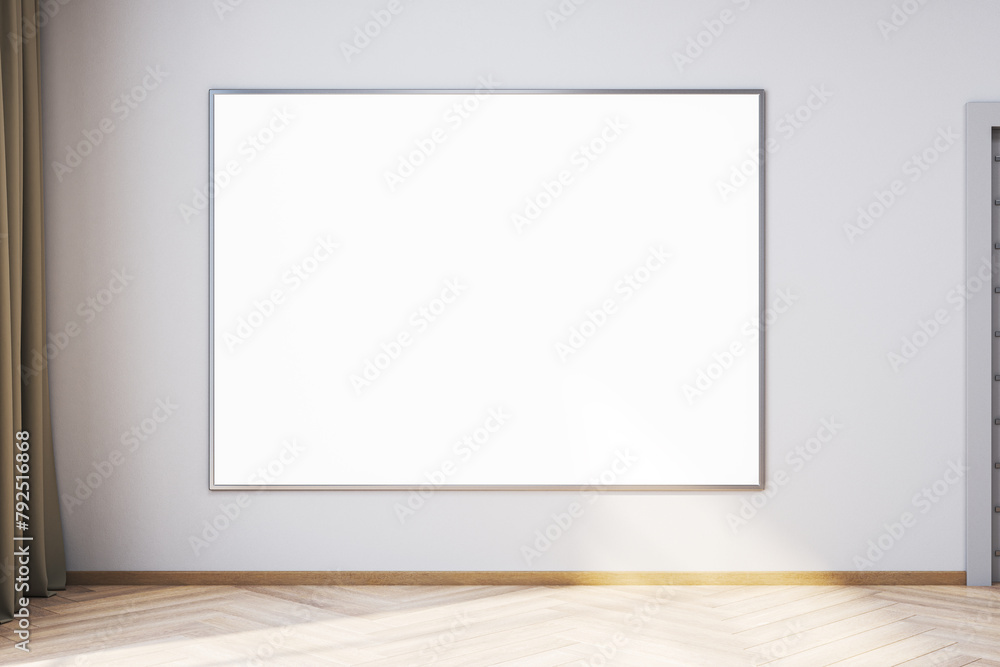 Aufkleber modern interior with empty white mock up banner on wall, curtain and sunlight. 3d rendering.