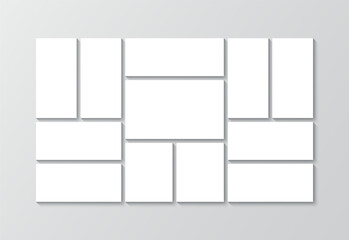 Scrapbook grid. Images mosaic mockup. Mood board picture frame. Photo collage template. Album brandboard. Portfolio gallery layout. Moodboard square banner. Vector illustration