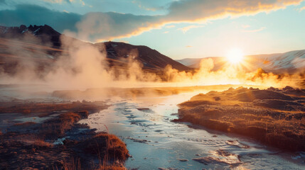 Fototapeta premium Sunset over a steaming geothermal landscape with snow-capped mountains
