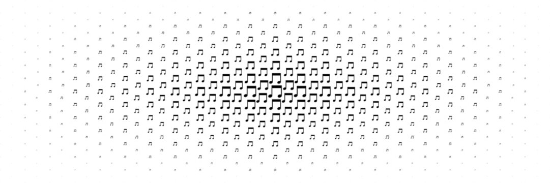 horizontal halftone spread from center of musical note design for pattern and background.
