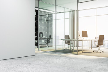 Naklejka premium Modern office interior with a desk, chair, and partition, white and glass features, ample light, concept of workspace. 3D Rendering
