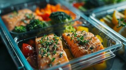 Closeup of a healthy meal prep container filled with a balanced and nutritious meal signifying the impact of planning and preparation in maintaining a healthy diet and preventing obesity. .