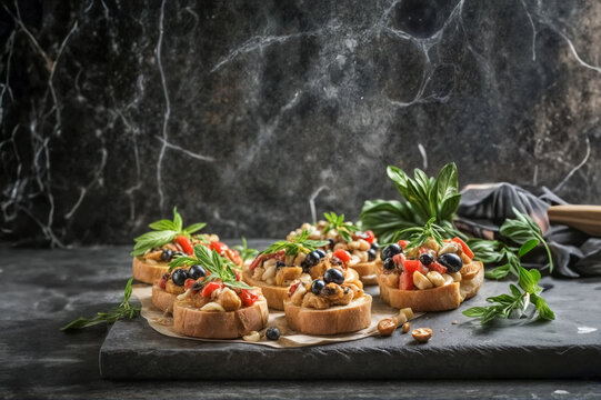 Assortimento di bruschette con condimenti su marmo- antipasto italiano perfetto per il vino