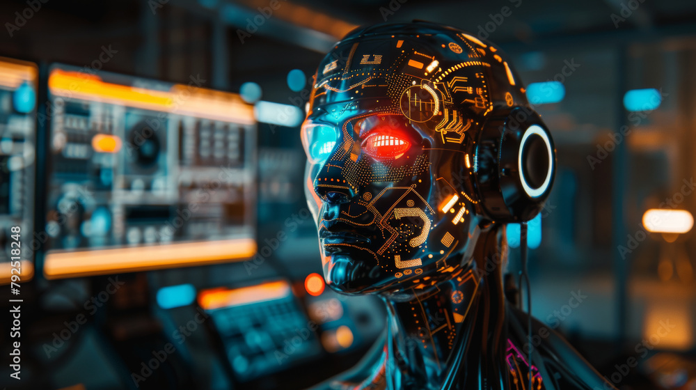 Poster advanced humanoid robot head with glowing circuit patterns