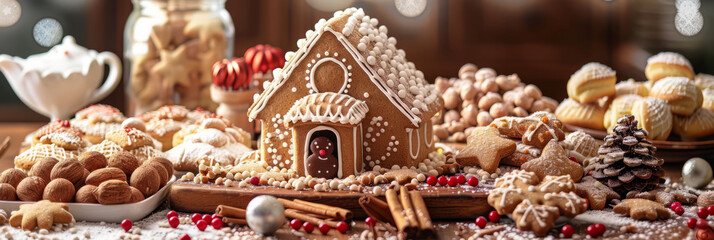 A gingerbread house surrounded by cookies and sweets for Christmas