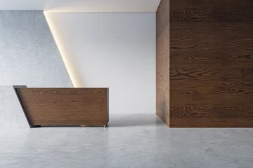  An office reception area with a modern wooden desk against a concrete wall, with soft lighting, illustrating a corporate interior design concept. 3D Rendering © Who is Danny