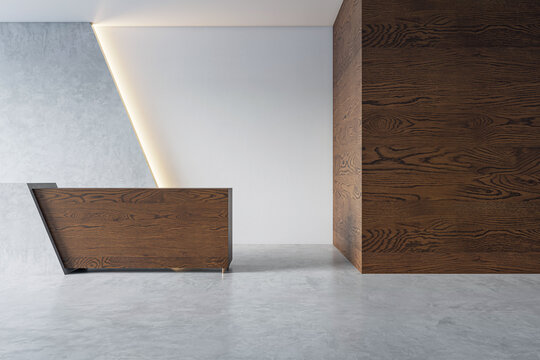 An office reception area with a modern wooden desk against a concrete wall, with soft lighting, illustrating a corporate interior design concept. 3D Rendering