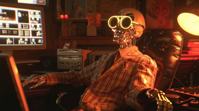 Robot in retro attire working on computer in a vintage office