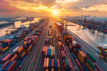 Aerial View of Vibrant Harbor and Logistics at Sunset with Warehouses,Cranes,and Cargo Containers in Global Transportation Network