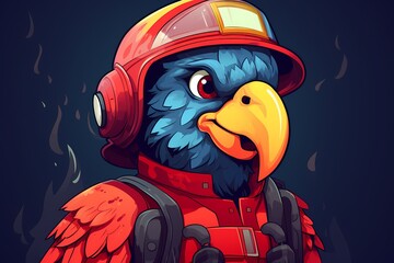 cartoon illustration, firefighter parrot
