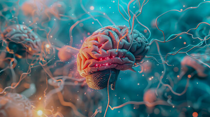 Imagine a captivating image featuring a frontal exploration of a brain, intertwined with technological elements symbolizing breakthroughs in neuroscience Portray the potential advancements in treating