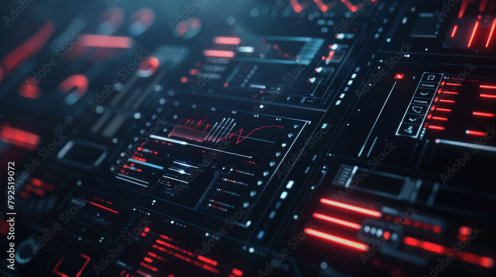 Poster futuristic control panel with digital data and red lights