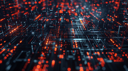 Obraz premium A close-up view of a circuit board with glowing red data pathways