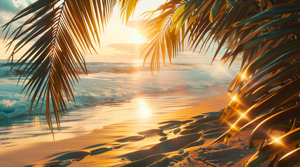 Beautiful sunset sandy beach with beautiful waves, sunlight streaming through beautiful palm leaves. No people. Copy space. Wallpaper. - 792519053