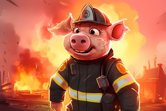 cartoon illustration, a firefighter pig
