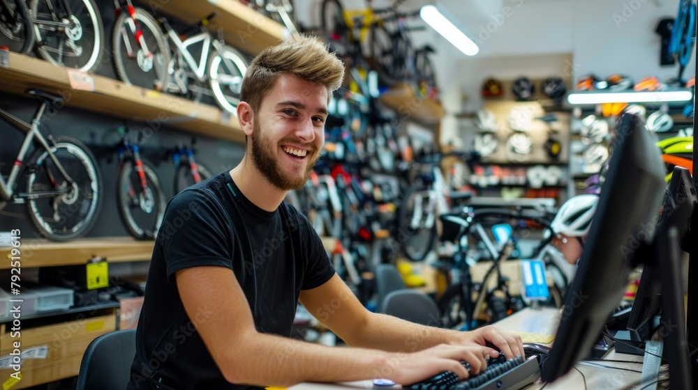 Poster a man is sitting at a desk in a bike shop, smiling and typing on a computer