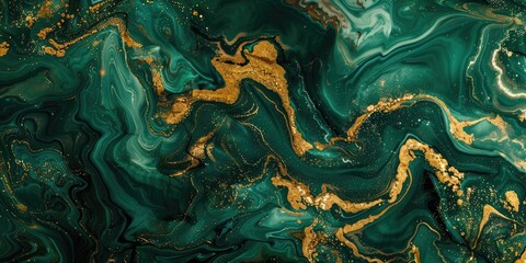 Green marble and gold abstract background texture. Dark green malachite with swirls of gold powder in a luxurious style.