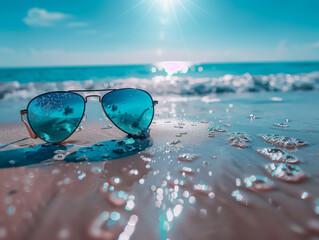 Blue sunglasses lying on the clean sand on the beach on a bright sunny day. The glasses reflect the glare of the sun and the sea. Nobody. Copy space. Resort landscape, traveling. Wallpaper. - 792519607