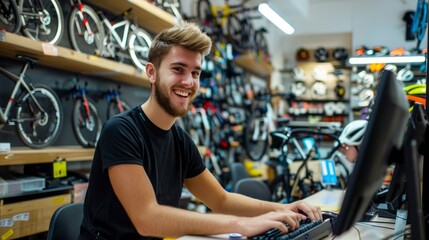 Fototapeta premium A man is sitting at a desk in a bike shop, smiling and typing on a computer